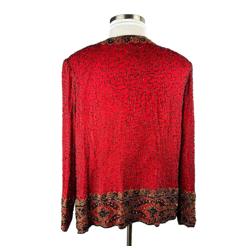 *Flawed* Vintage Laurence Kazar Silk Beaded Embellished Jacket Red Plus Size 2X - Picture 12 of 16
